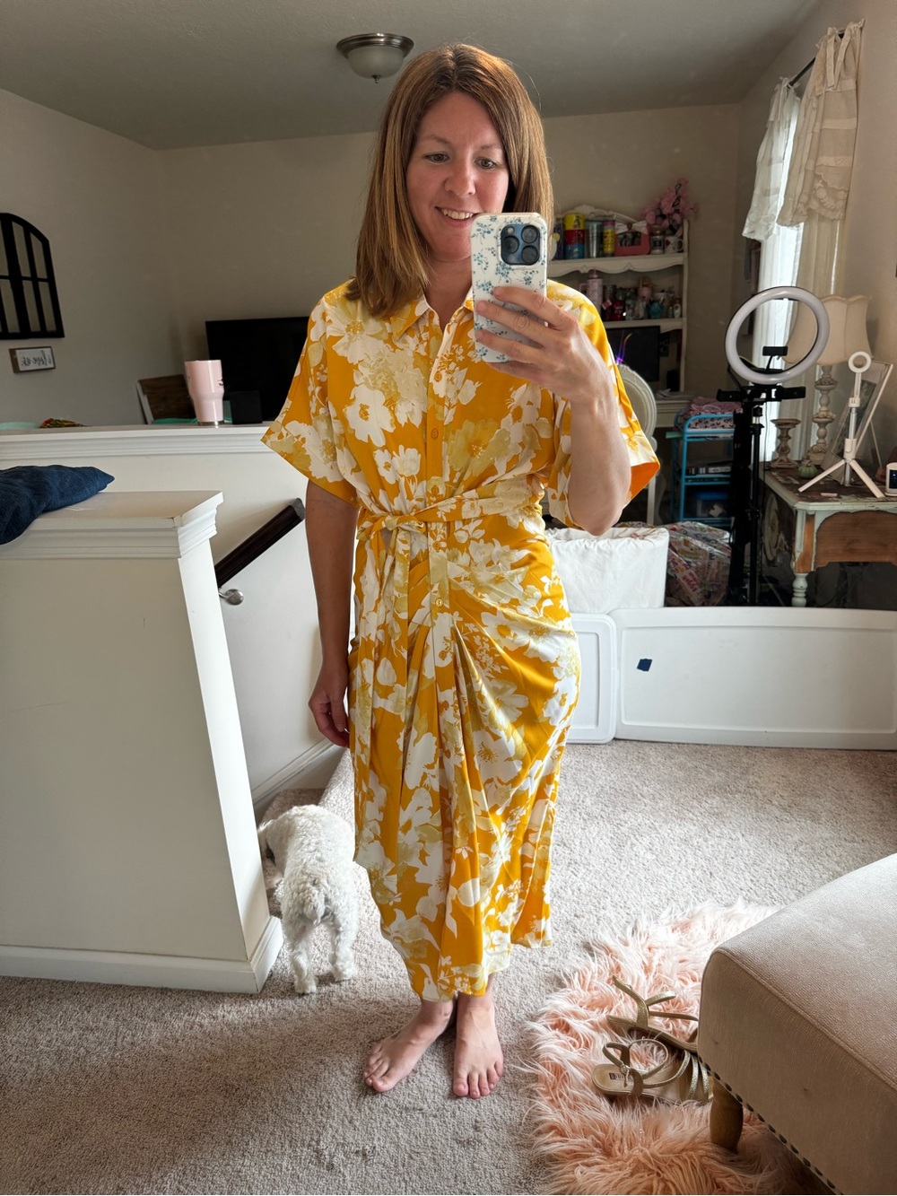NWOT Yellow Floral Tie-Waist Midi vacation Dress